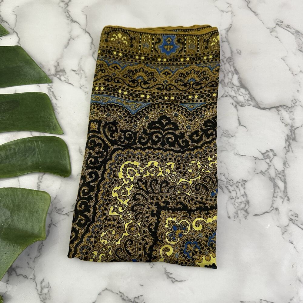 Damon Vintage 80s Pocket Square Silk Hand Rolled Yellow Black Paisley Floral